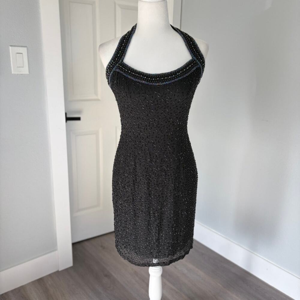 Vintage 90s Alyce Designs Black Beaded Silk Halter Mini Dress